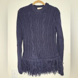 Tory Burch Wool-blendFringed Cable Knit Sweater - Navy blue